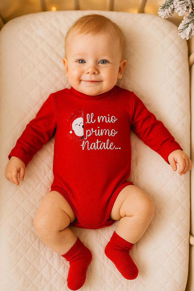 Body a lupetto manica lunga in cotone con stampe natalizie