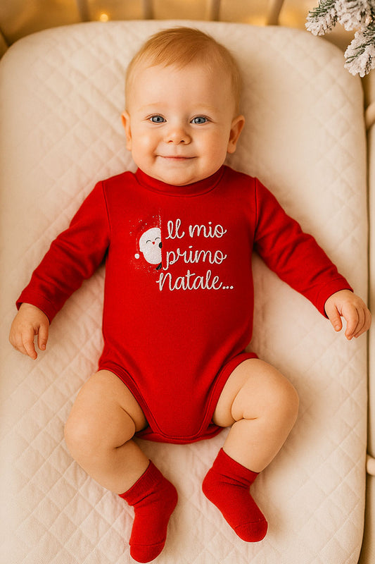 Body a lupetto manica lunga in cotone con stampe natalizie