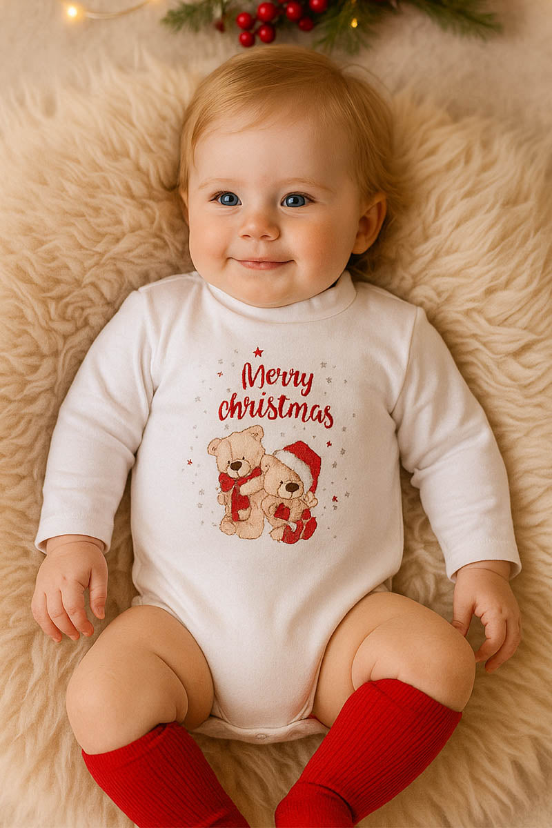 Body a lupetto manica lunga in cotone con stampe natalizie