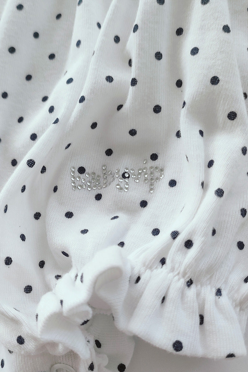 Pagliaccetto spalla stretta neonata con fantasia a  pois in cotone con strass