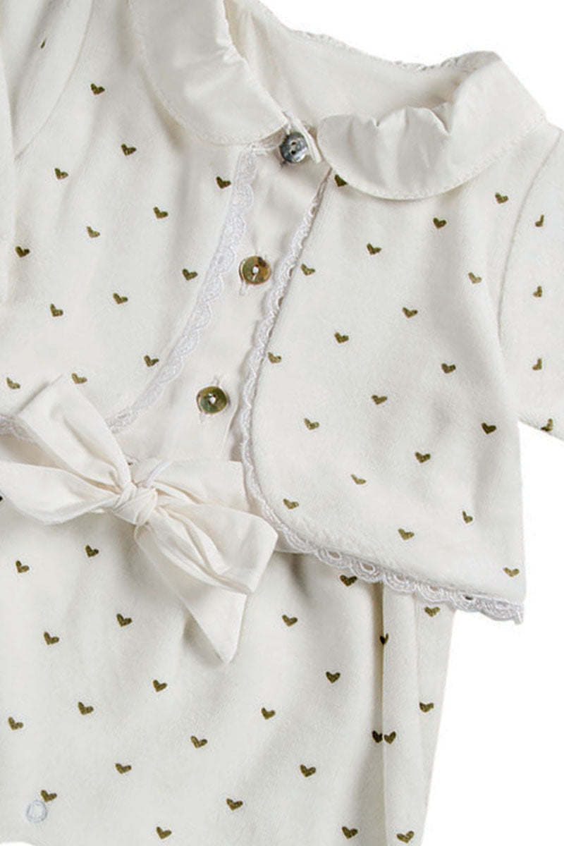 Tutina in ciniglia con cuoricini oro e inserti in tela