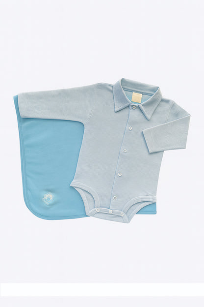 Pacchetto nascita 2 pezzi con body rigato con colletto e copertina in cotone con stampa
