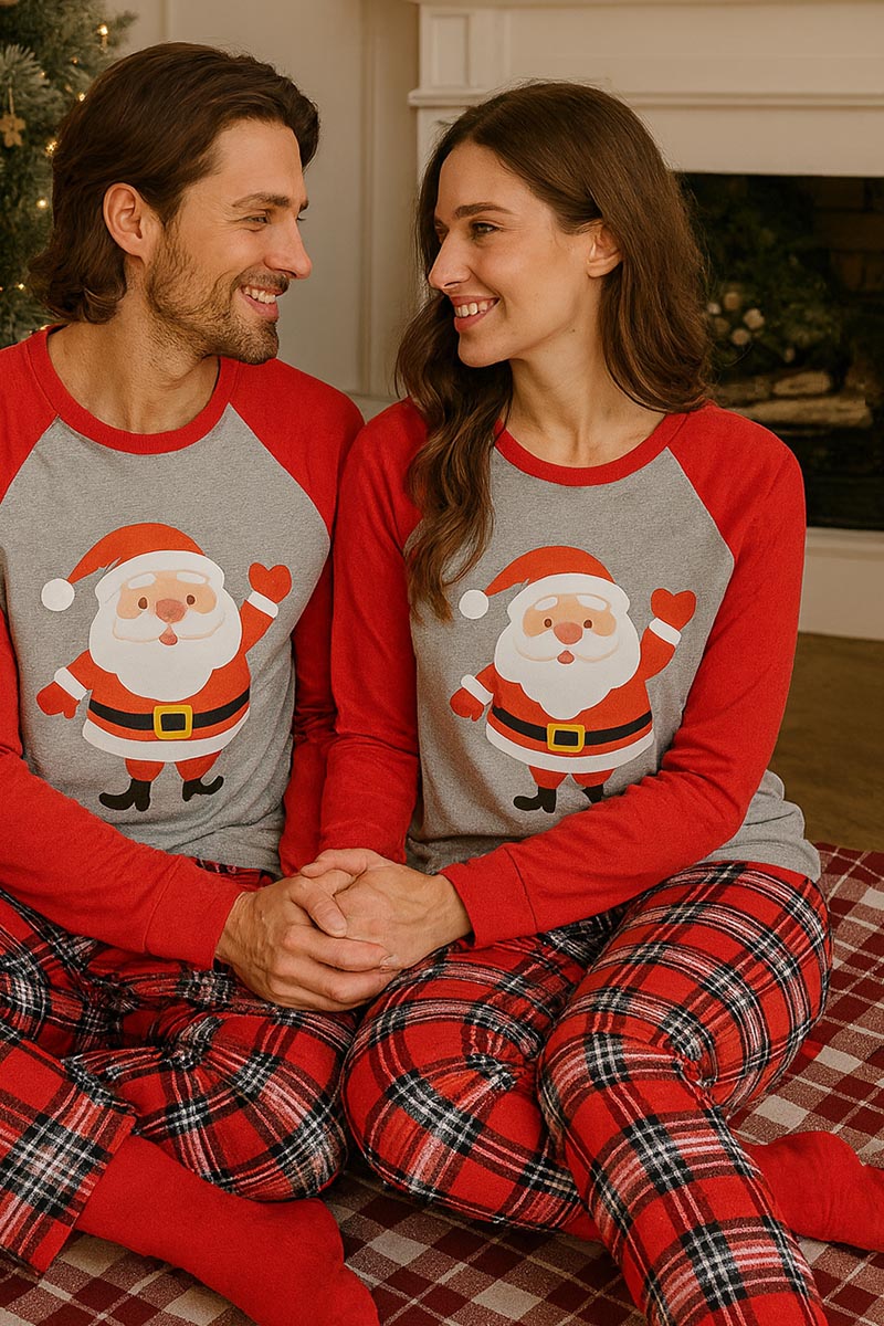 Pigiama donna in caldo cotone con maniche raglan, stampa e pantalone scozzese