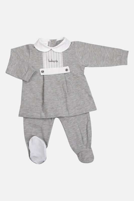 Completo 2 pezzi in cotone Jersey elasticizzato con inserti in tela rigata e ricamino babyvip