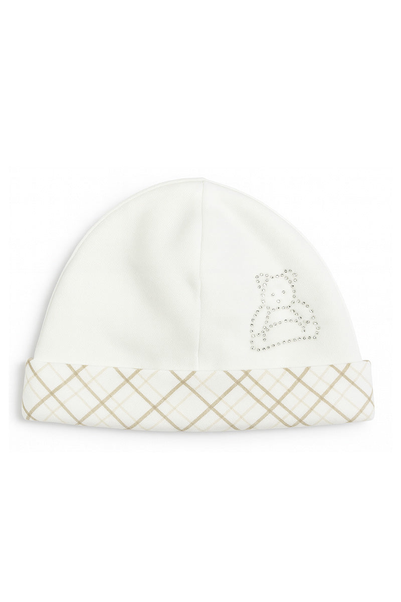 Cappellino in cotone con  risvolto e strass orsacchiotto
