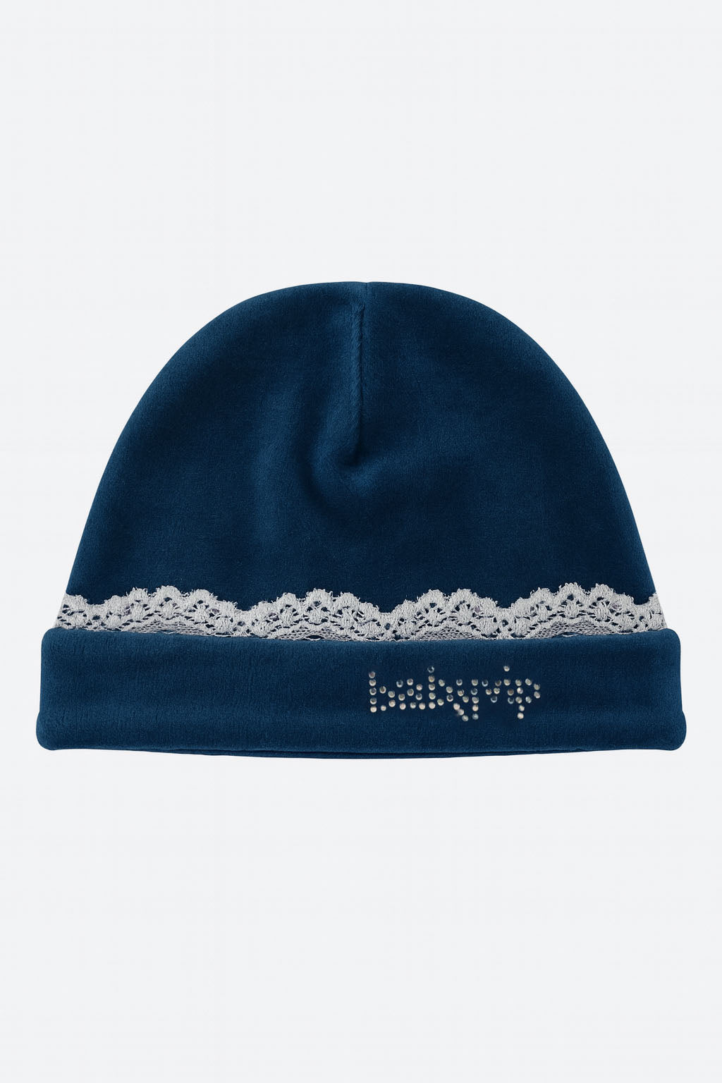 Cappellino in ciniglia con merletto e strass