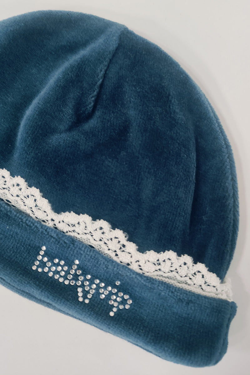 Cappellino in ciniglia con merletto e strass