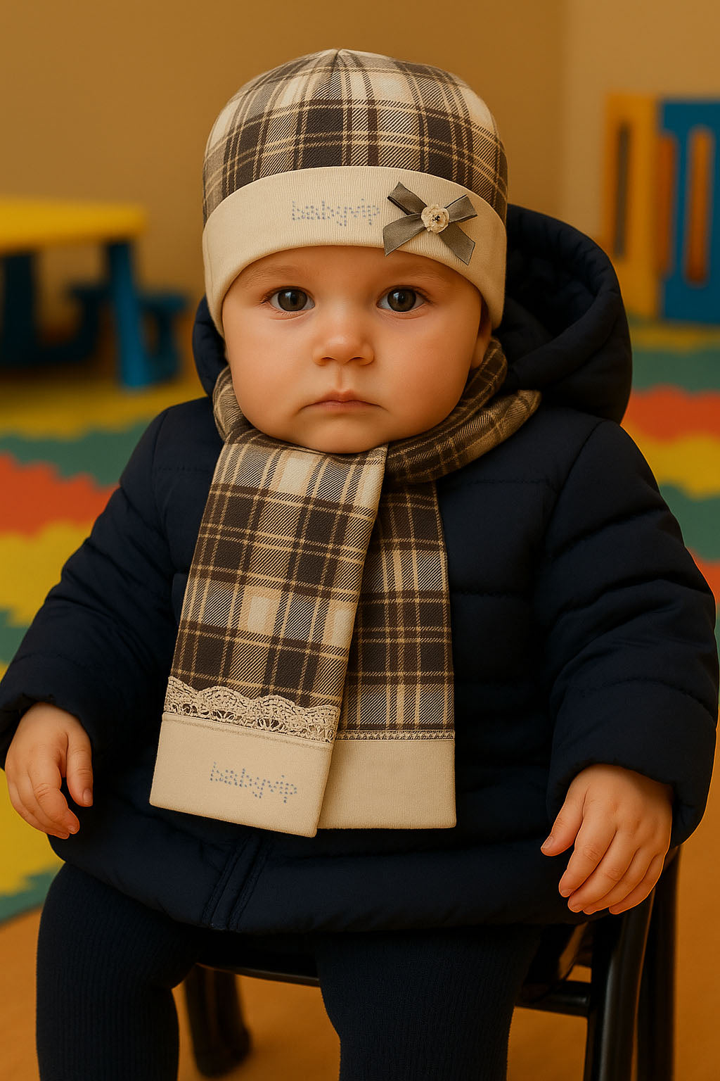 Baschetto in cotone caldo fantasia a quadri con strass e Fiocchettino + sciarpa coordinata