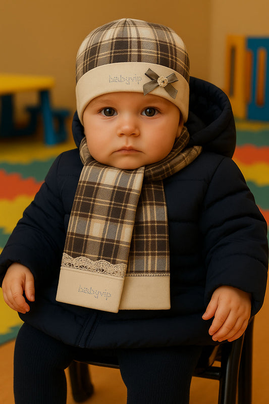 Baschetto in cotone caldo fantasia a quadri con strass e Fiocchettino + sciarpa coordinata