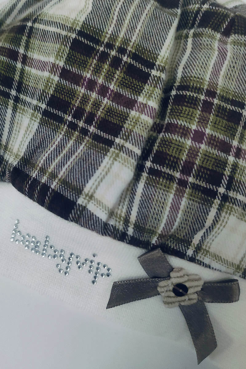Baschetto in cotone fantasia a quadri tartan con strass e Fiocchettino
