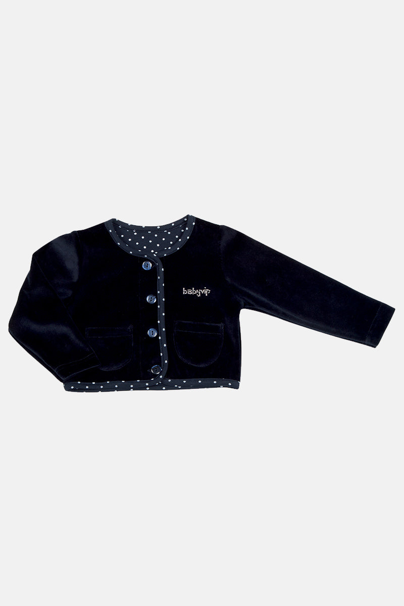 Giacchino in ciniglia con strass e profili a pois