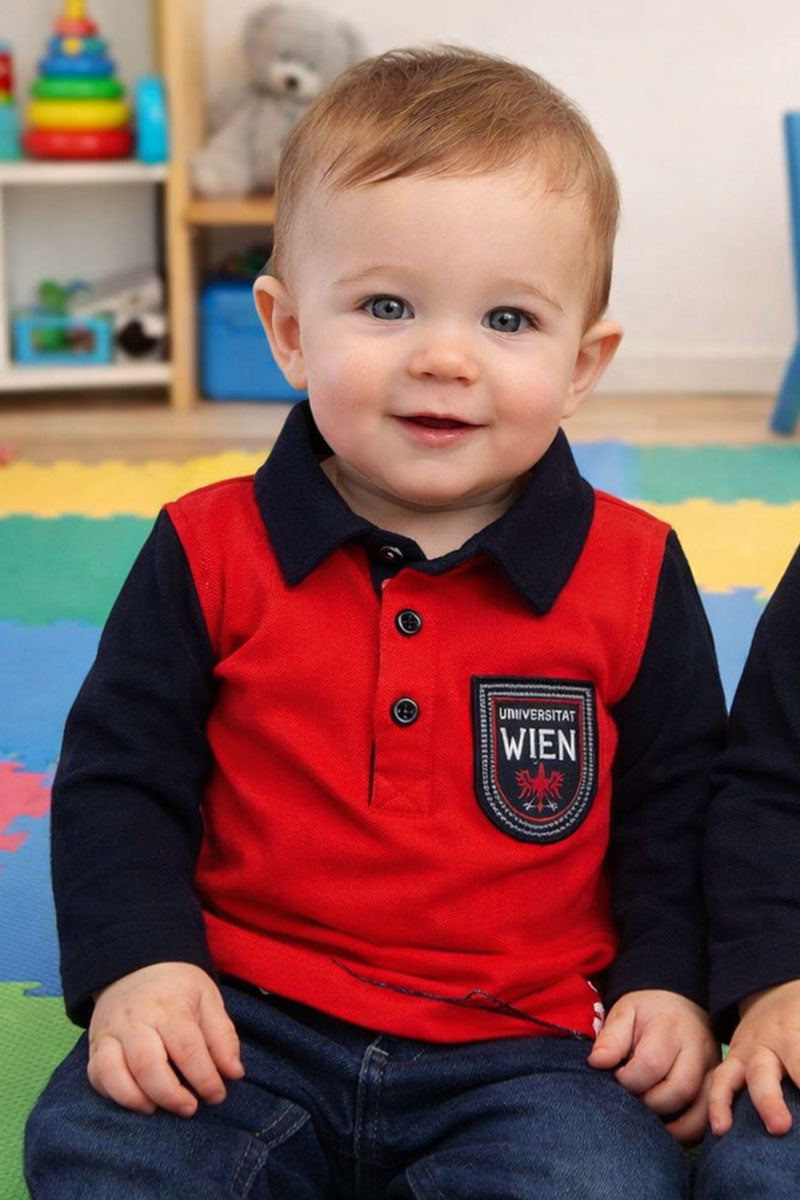 Polo manica lunga in cotone elasticizzato garzato con scudetto