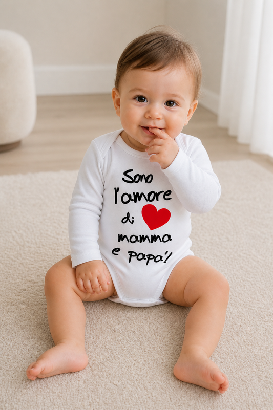 Body manica lunga con stampa "Sono l'amore di mamma e papà!"
