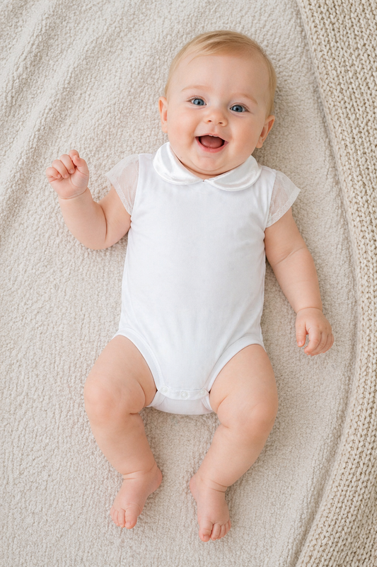 Body neonata mezza manica con colletto in raso e maniche in tulle