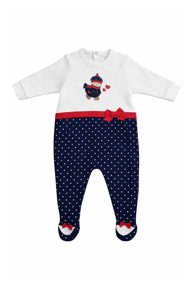 Tutina in caldo cotone fantasia pois con applicazione ricamata e fiocchi