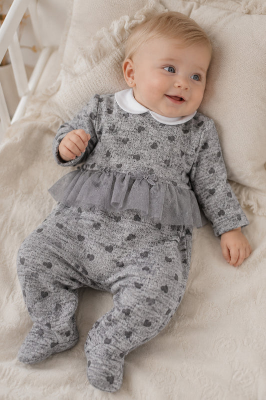 Tutina in maglina con cuori glitter, balza in tulle glitterata e nodini in velluto