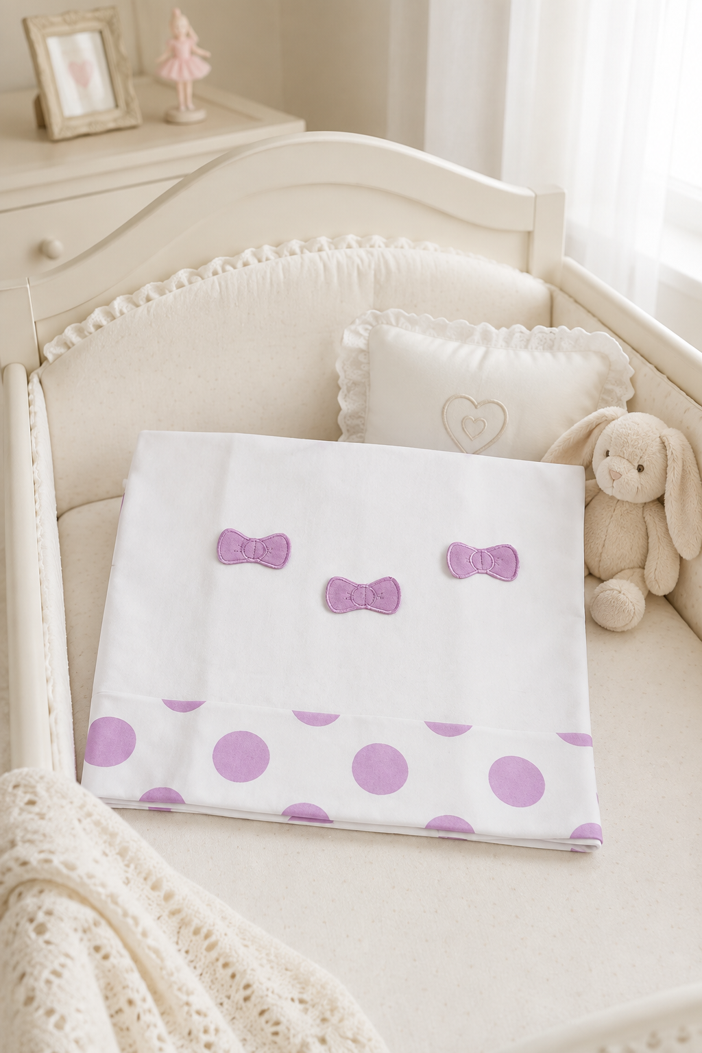 Copertina in in felpa garzata con inserto a pois e fiocchi applicati
