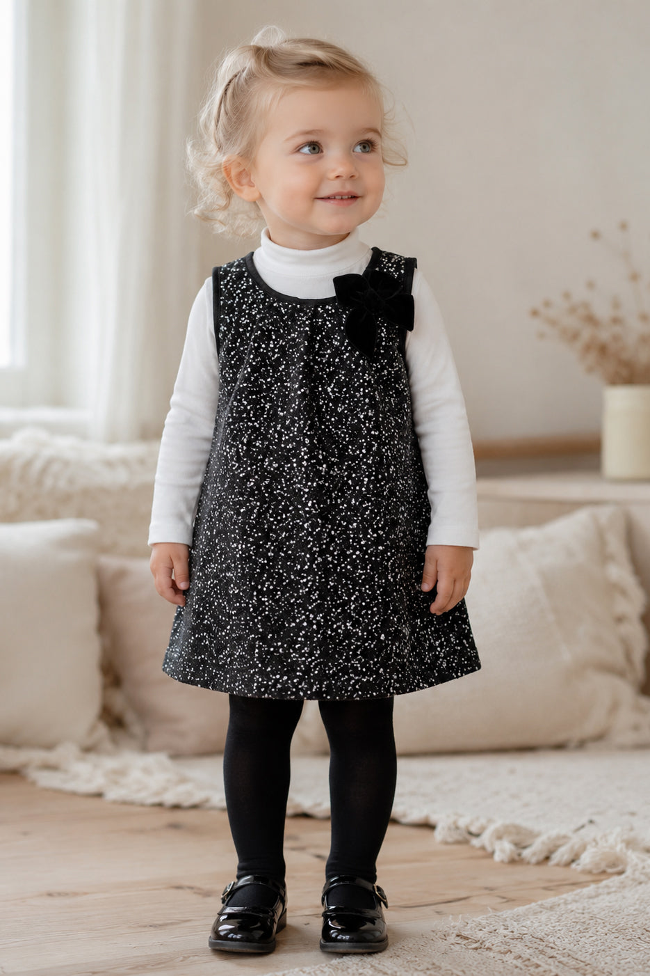 Vestitino smanicato in lana/cotone effetto bouclè con fiocco e strass