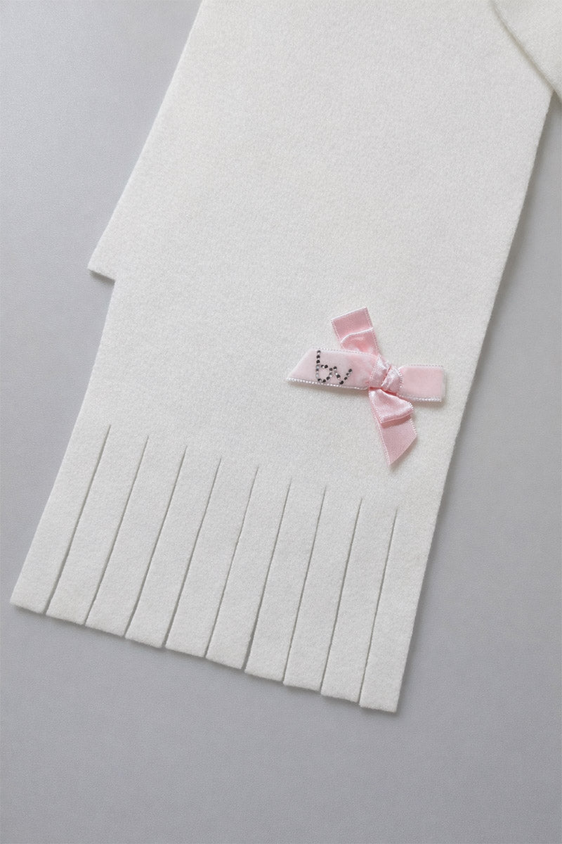 Sciarpa bimba con frange e fiocco rosa e strass