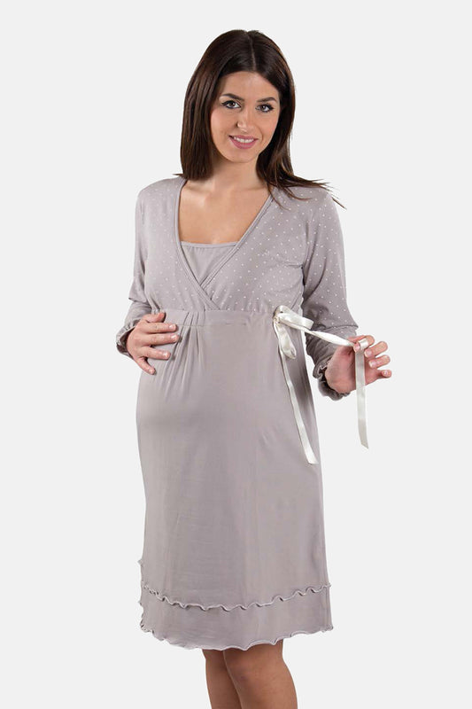 Camicia da notte pre-post parto a manica lunga con taglio incrociato in cotone elasticizzato con stampa a pois
