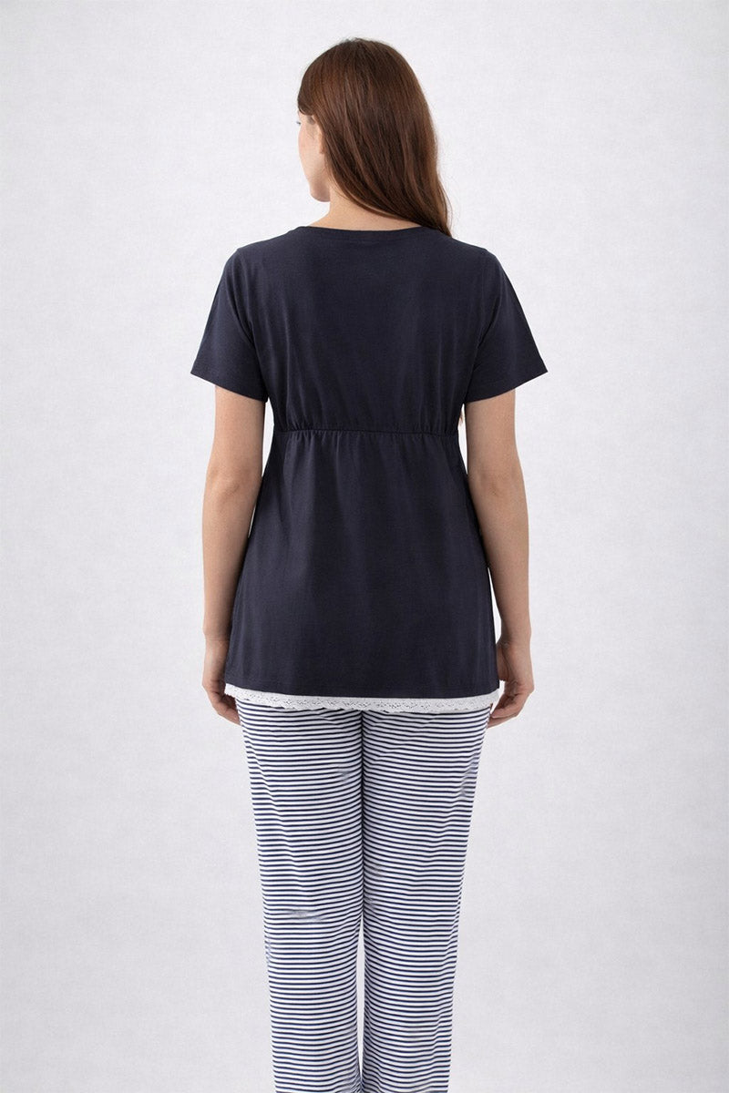 Pigiama pre-post parto mezza manica in cotone con con taglio incrociato balza in pizzo e pantalone in jersey