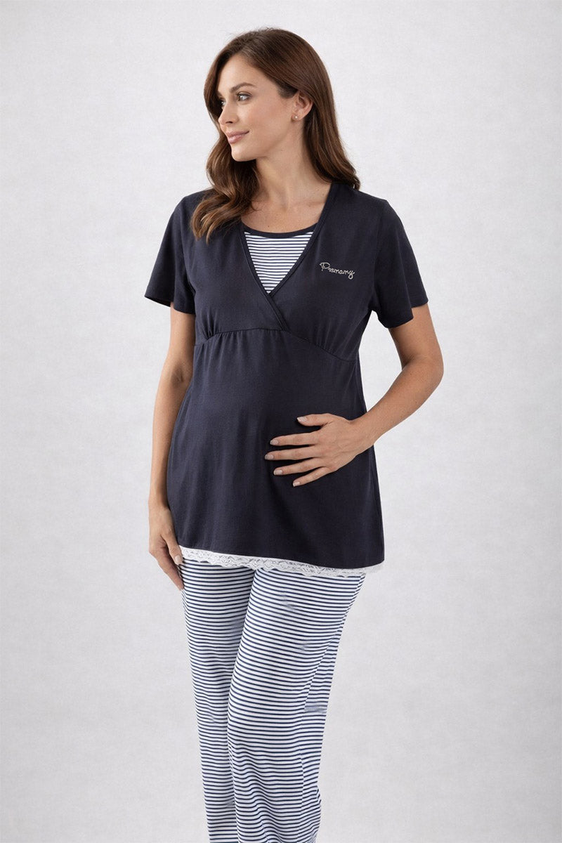 Pigiama pre-post parto mezza manica in cotone con con taglio incrociato balza in pizzo e pantalone in jersey