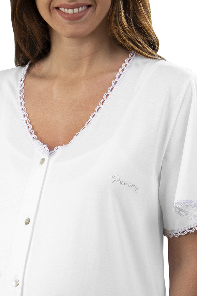 Camicia clinica aperta davanti mezza manica in jersey con applicazione macramè e strass