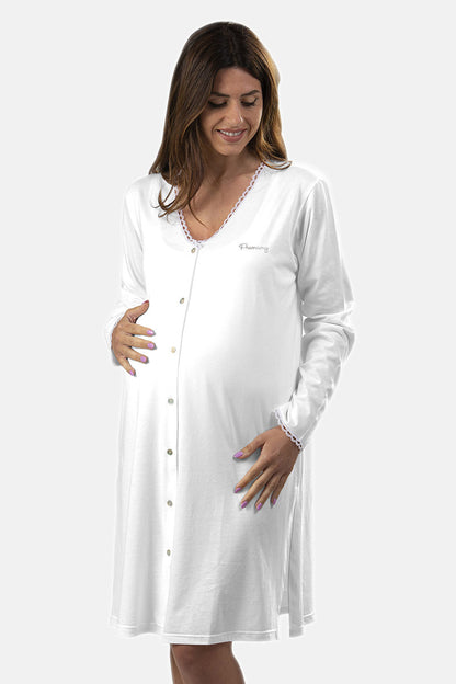 Camicia clinica aperta davanti a manica lunga in jersey con applicazione macramè e strass