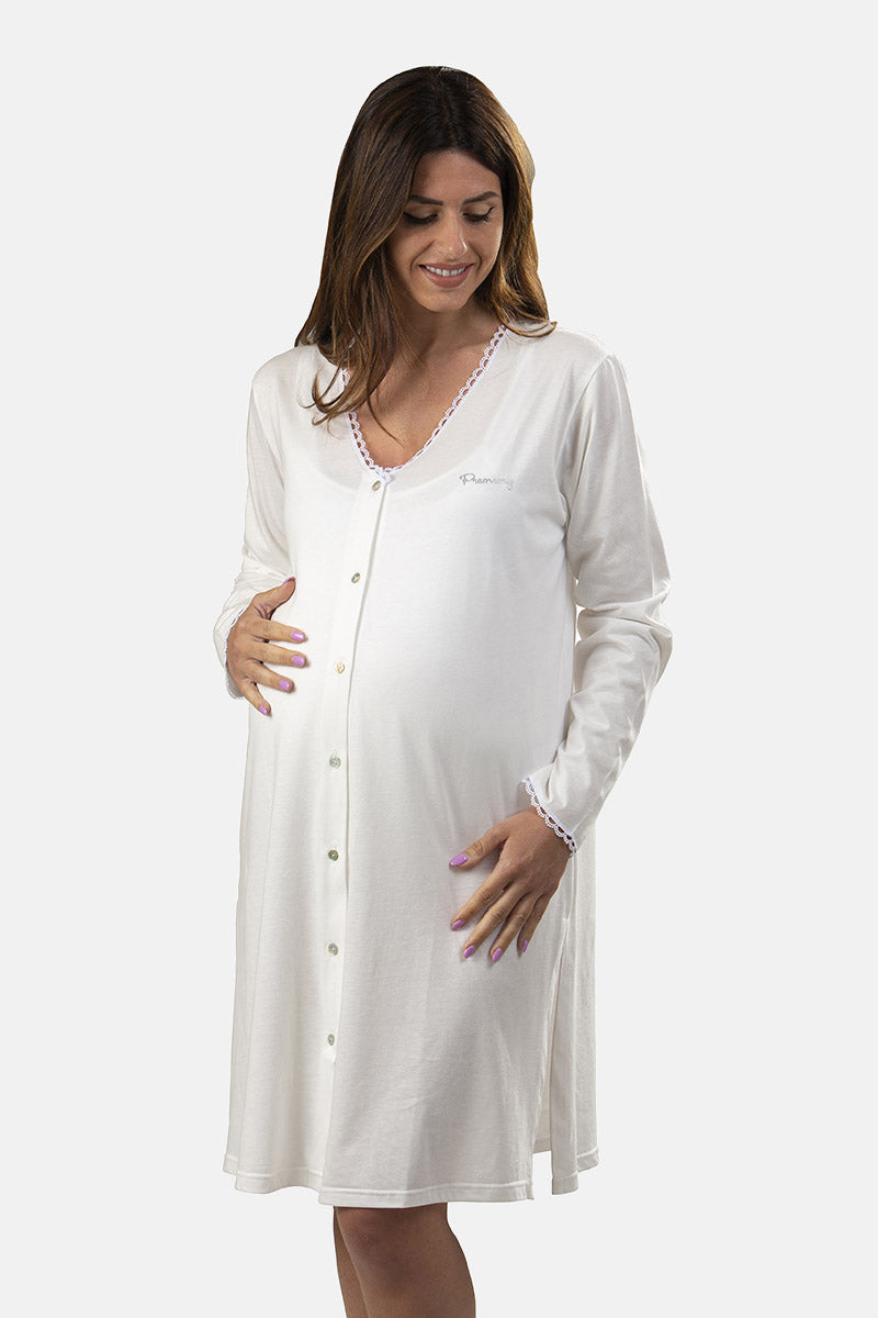 Camicia clinica aperta davanti a manica lunga in jersey con applicazione macramè e strass