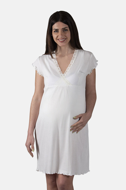 Camicia da notte Pre-post parto in cotone a mezza manica con taglio incrociato e applicazione in pizzo e strass