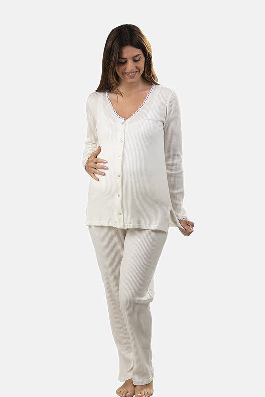 Pigiama pre-post parto in cotone a manica lunga con pizzo applicato e strass