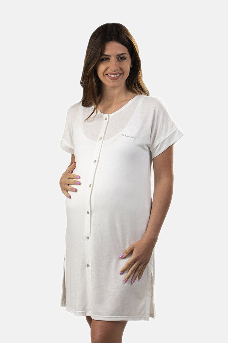 Camicia clinica aperta davanti pre-post parto mezza manica in jersey con profili in contrasto e strass