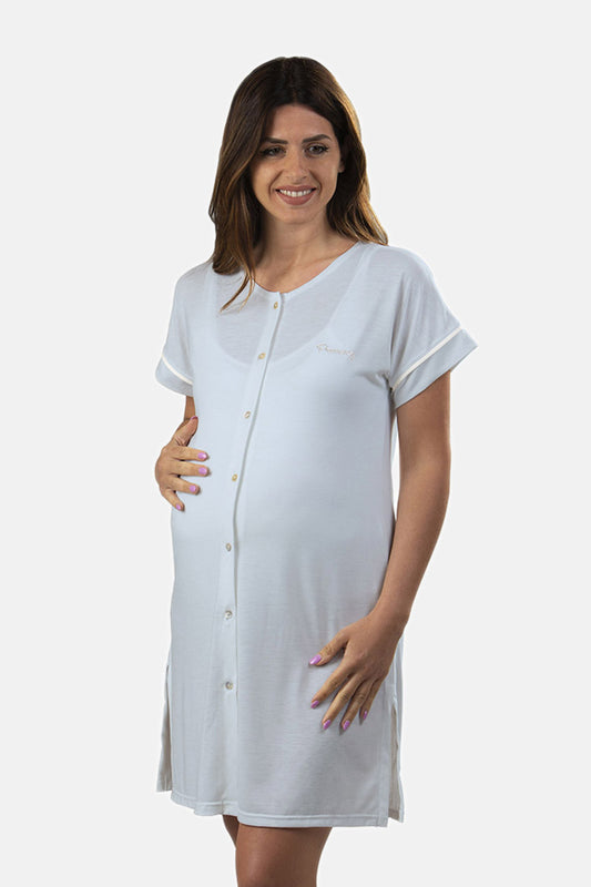 Camicia clinica aperta davanti pre-post parto mezza manica in jersey con profili in contrasto e strass