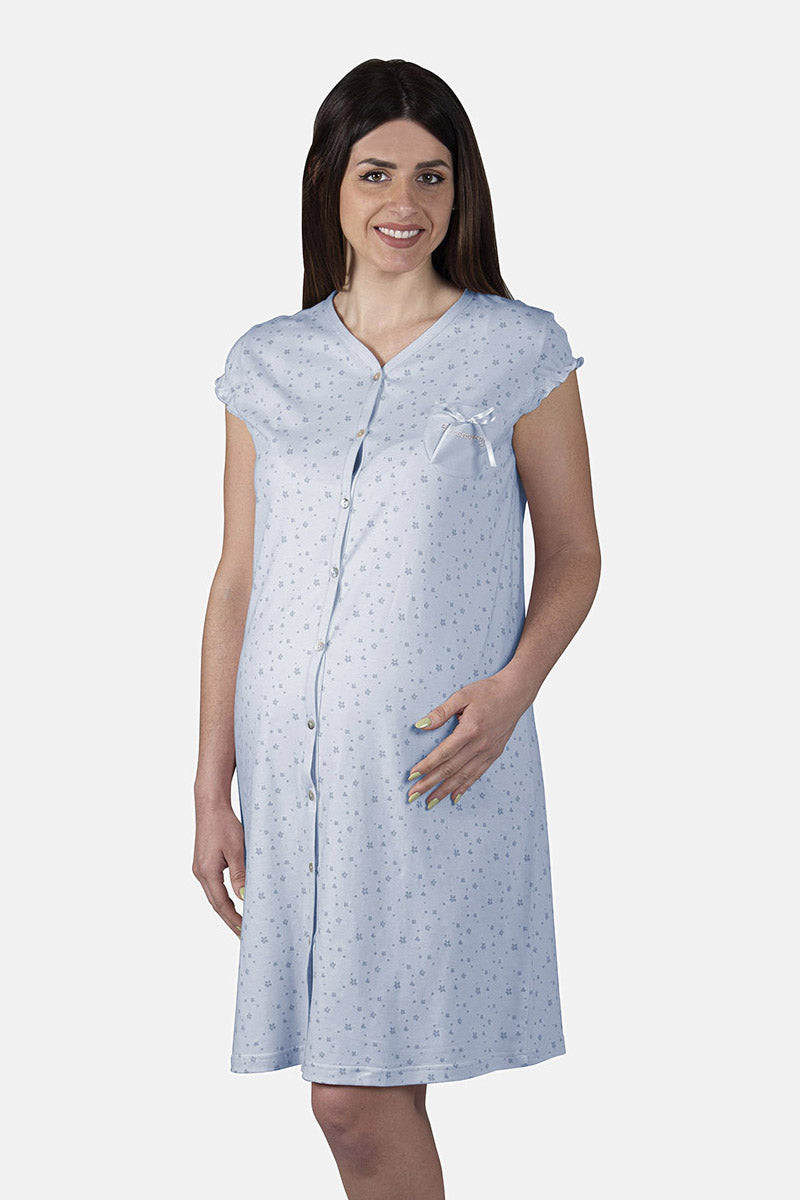 Camicia da notte clinica aperta davanti a mezza manica in cotone jersey con fantasia fiorellini