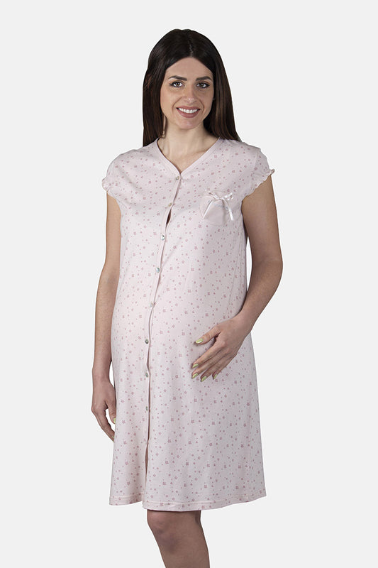 Camicia da notte clinica aperta davanti a mezza manica in cotone jersey con fantasia fiorellini
