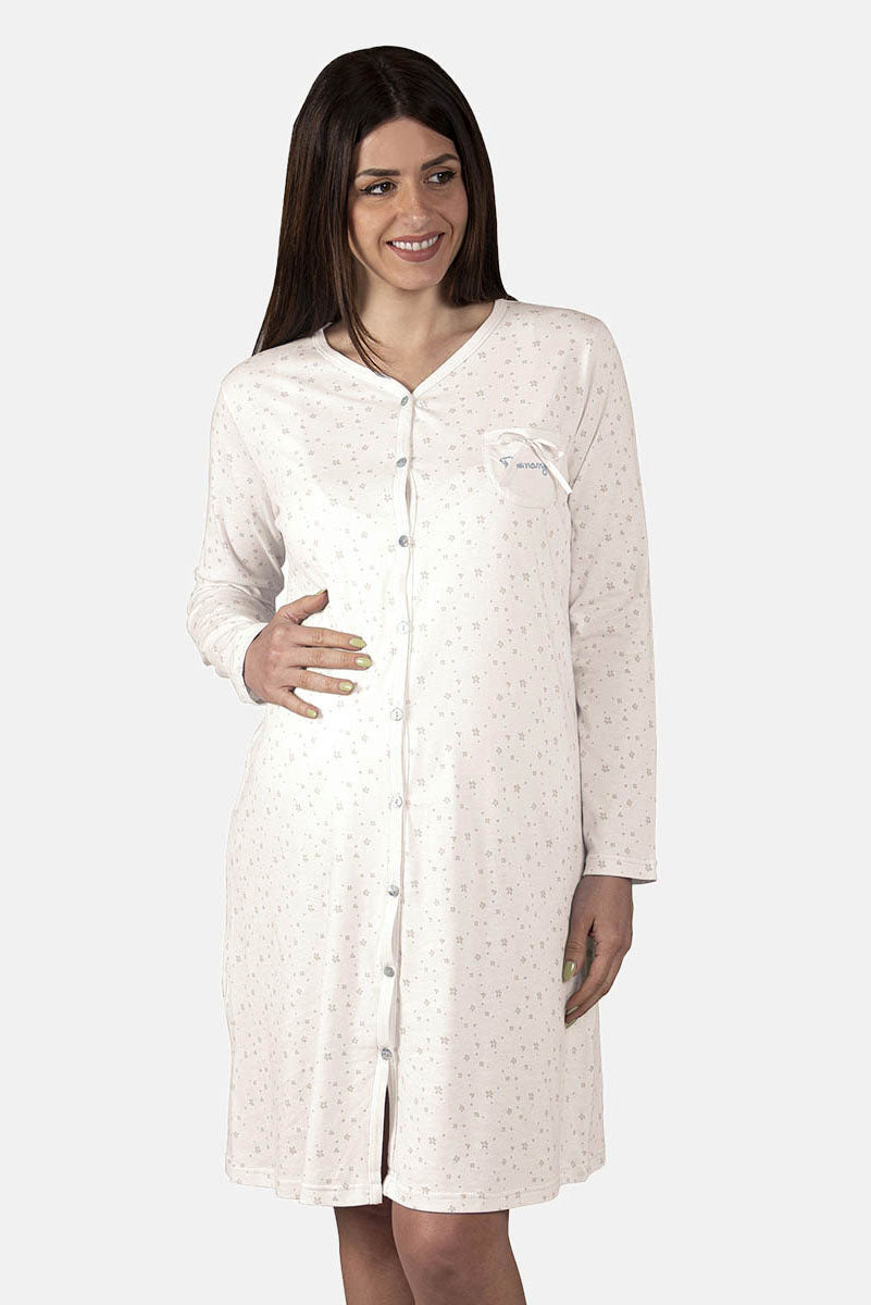 Camicia da notte clinica aperta davanti a manica lunga in cotone jersey con fantasia fiorellini