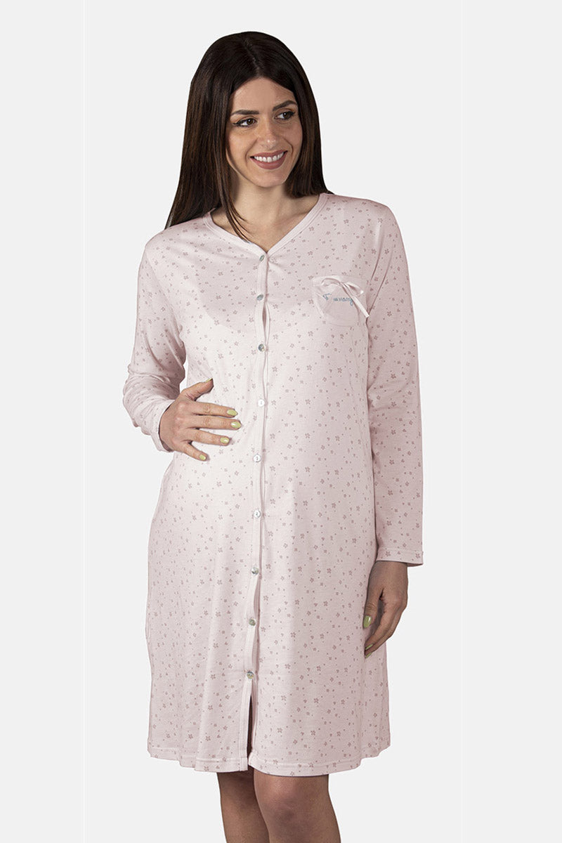 Camicia da notte clinica aperta davanti a manica lunga in cotone jersey con fantasia fiorellini