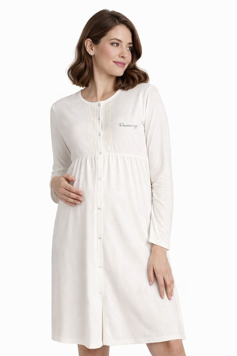 Camicia clinica aperta davanti a manica lunga in cotone con taglio - arricciatura - pizzo applicato e strass