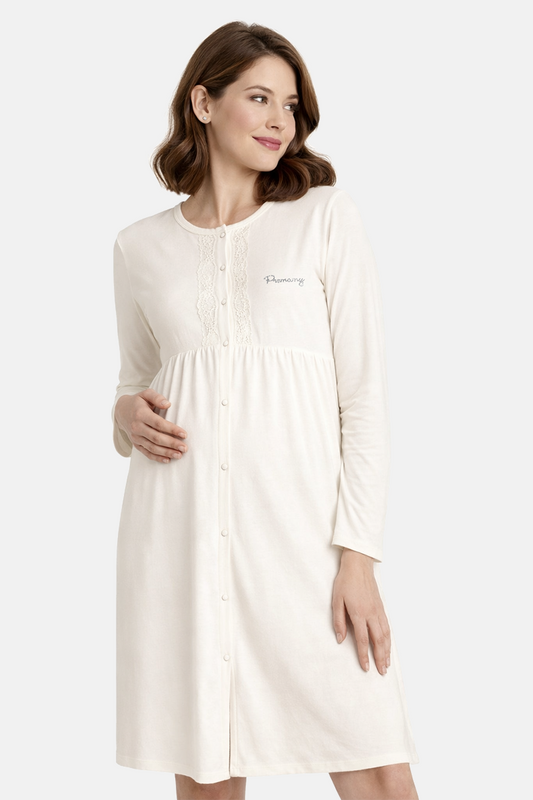Camicia clinica aperta davanti a manica lunga in cotone con taglio - arricciatura - pizzo applicato e strass