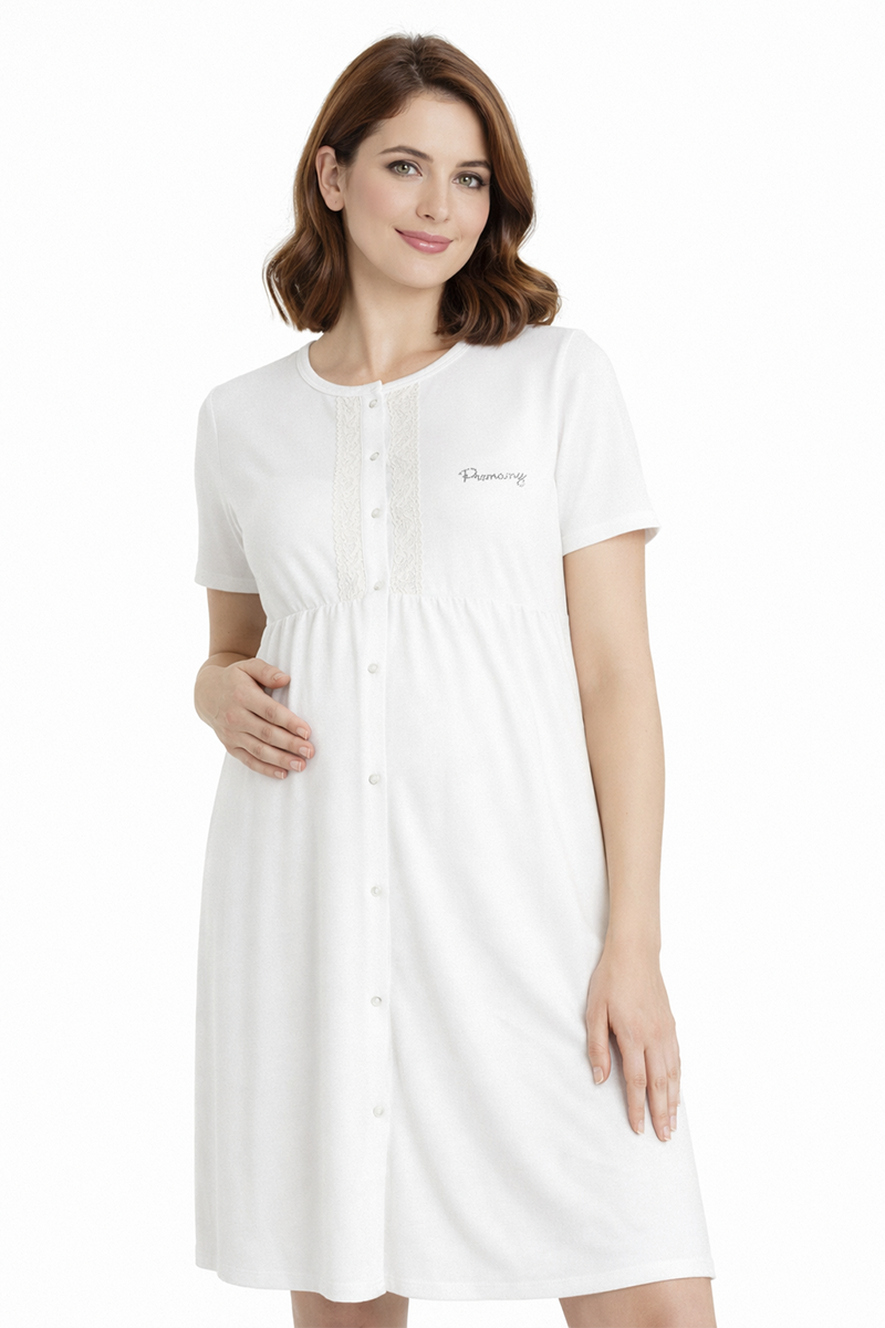 Camicia clinica aperta davanti mezza manica in cotone con taglio - arricciatura - pizzo applicato e strass