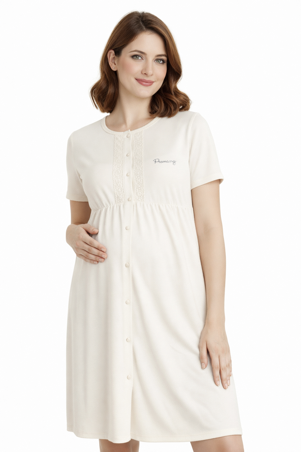 Camicia clinica aperta davanti mezza manica in cotone con taglio - arricciatura - pizzo applicato e strass