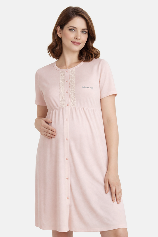 Camicia clinica aperta davanti mezza manica in cotone con taglio - arricciatura - pizzo applicato e strass