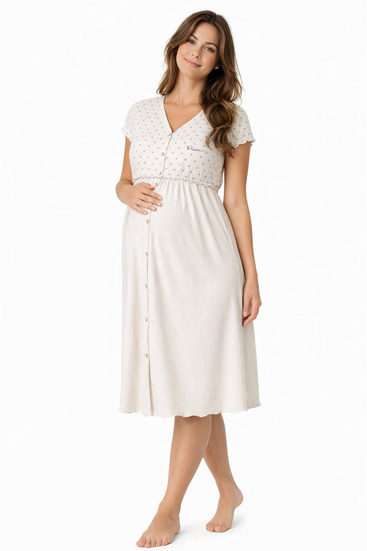 Camicia clinica aperta davanti pre-post parto a mezza manica in jersey con taglio ed inserto a fantasia  micro cuori