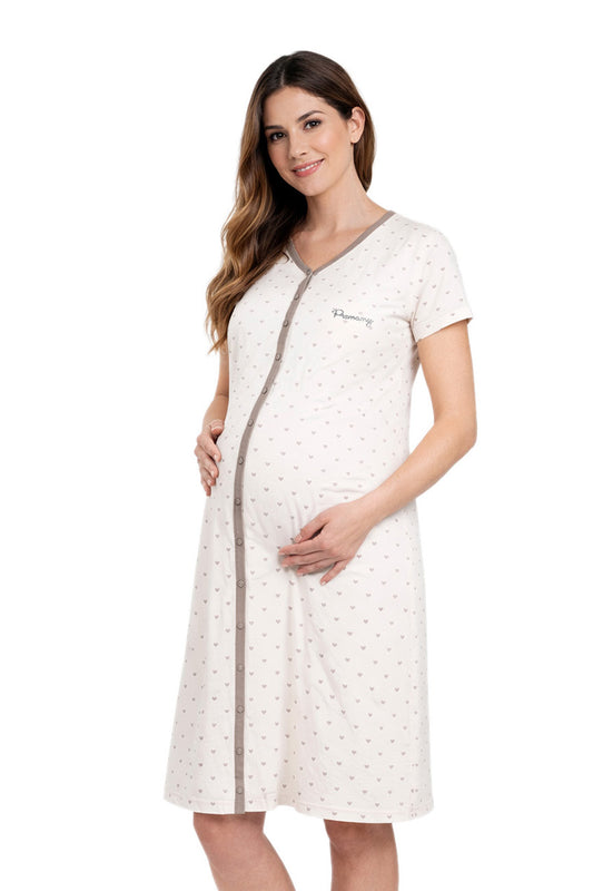 Camicia clinica aperta davanti pre-post parto a mezza manica in jersey con profili in contrasto e fantasia micro cuori