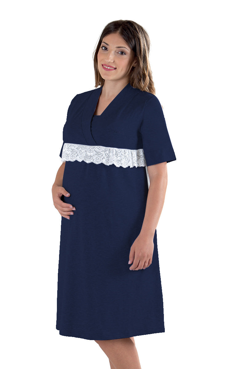 Camicia da notte pre-post parto mezza manica con taglio incrociato e pizzo