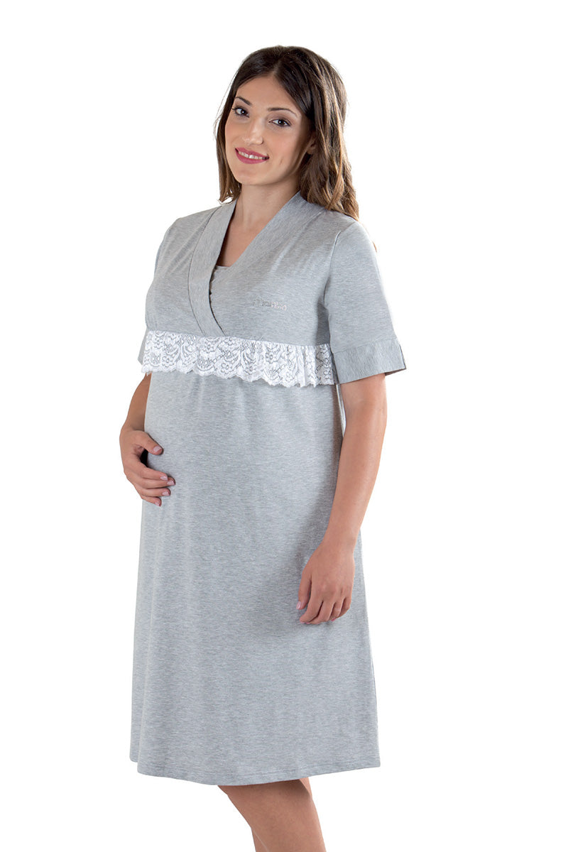 Camicia da notte pre-post parto mezza manica con taglio incrociato e pizzo