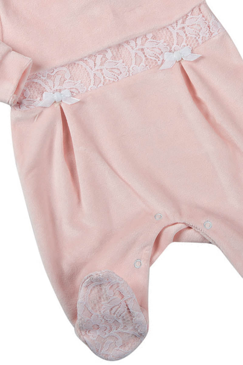 Tutina in ciniglia con inserto in pizzo e nodini in velluto