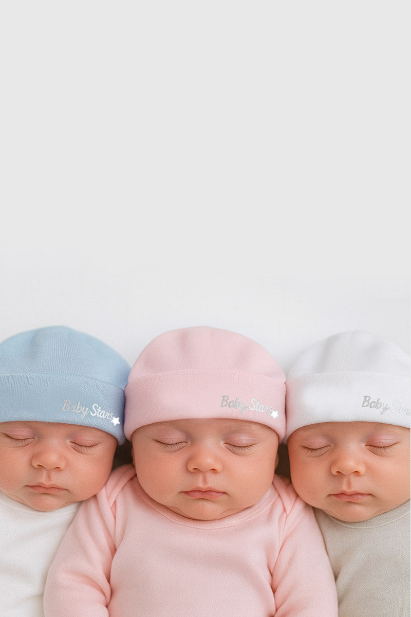 Cuffietta neonato e neonata in cotone con risvolto e stampa silver