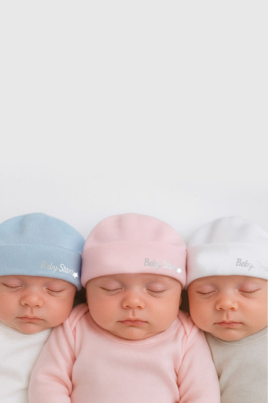 Cuffietta neonato e neonata in cotone con risvolto e stampa silver