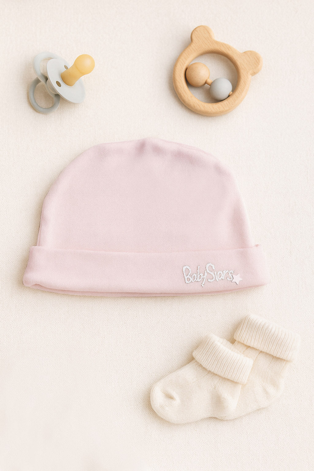 Cuffietta neonato e neonata in cotone con risvolto e stampa silver